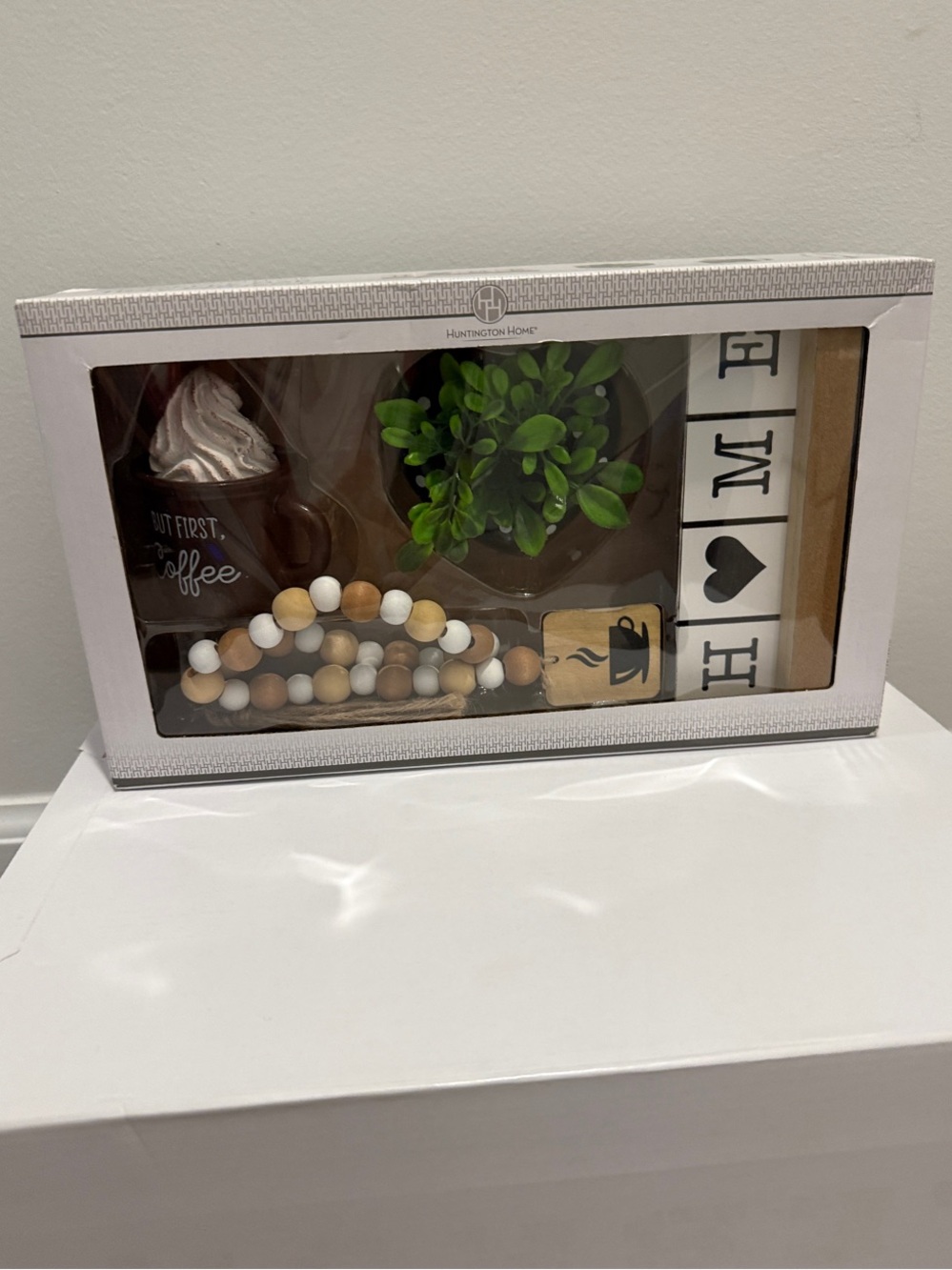 Home Decor Accent Set with Green Faux Succulent and White/Brown Bead Garland